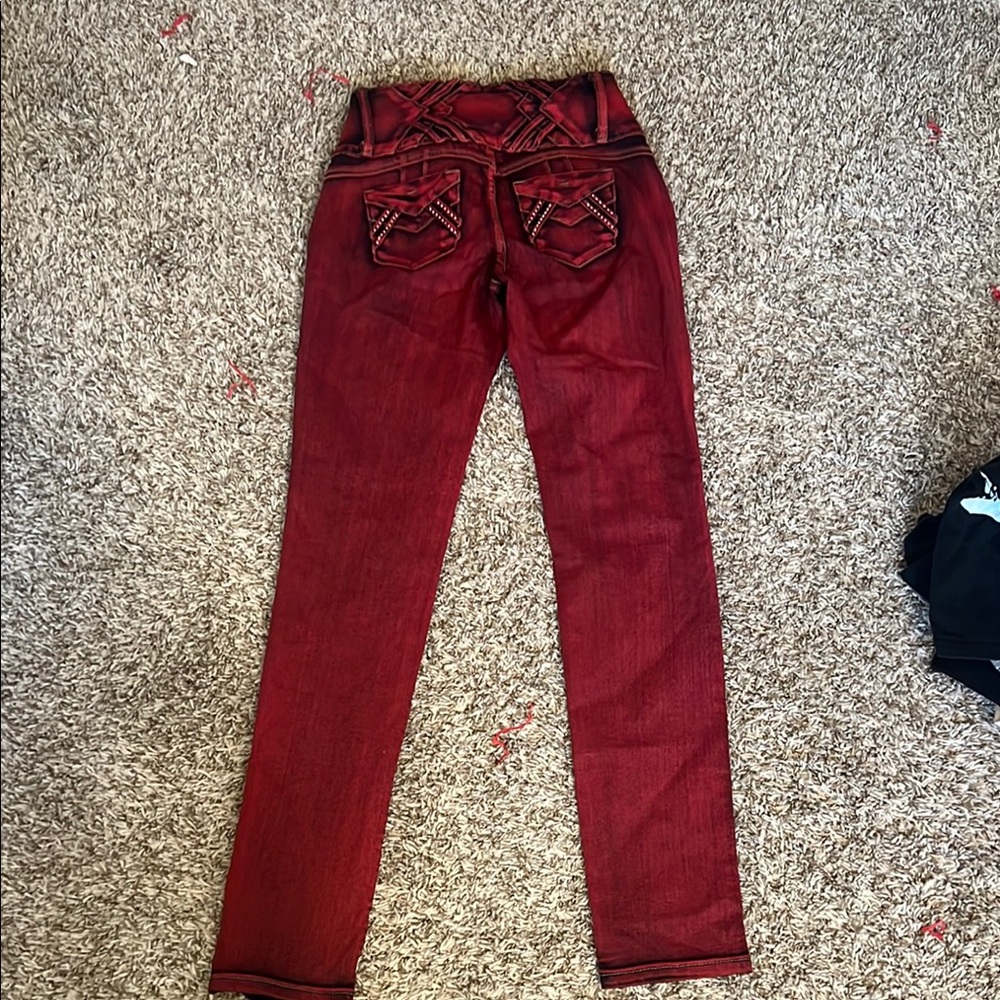 Bling Red Skinny Jeans with Back Pocket Design